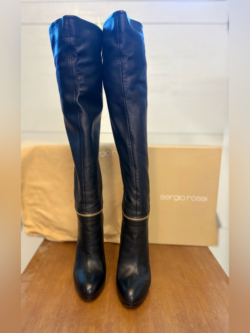Sergio Rossi Black Leather Over-the-Knee Zip-Detail Boots size 38.5